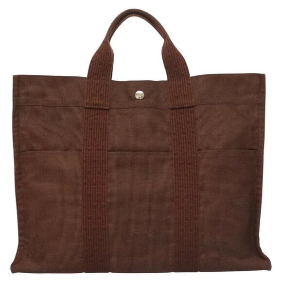 HERMES Her Line MM Tote Bag Canvas Brown Silver Auth - Picture 3 of 16